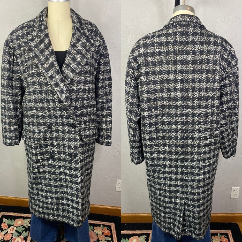 Vintage Houndstooth Double Breasted Wool Blend Trench Coat, Size 9/10 - Picture 2 of 10